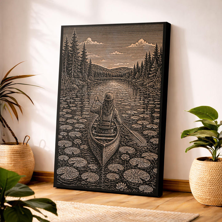 Wilderness Canoe Engraved Illustration
