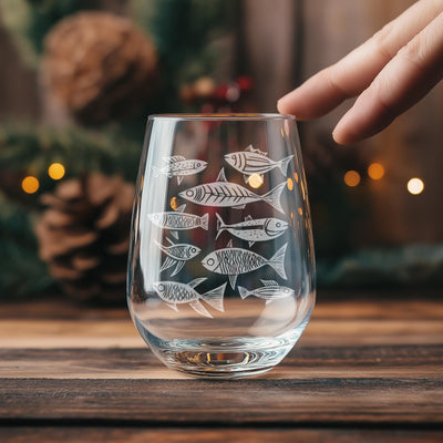School of Fish Glasses | Fishing Personalized Whiskey, Wine & Beer Glassware, Coastal Beach Drinkware, Nautical Gift, Folk Cottagecore Theme