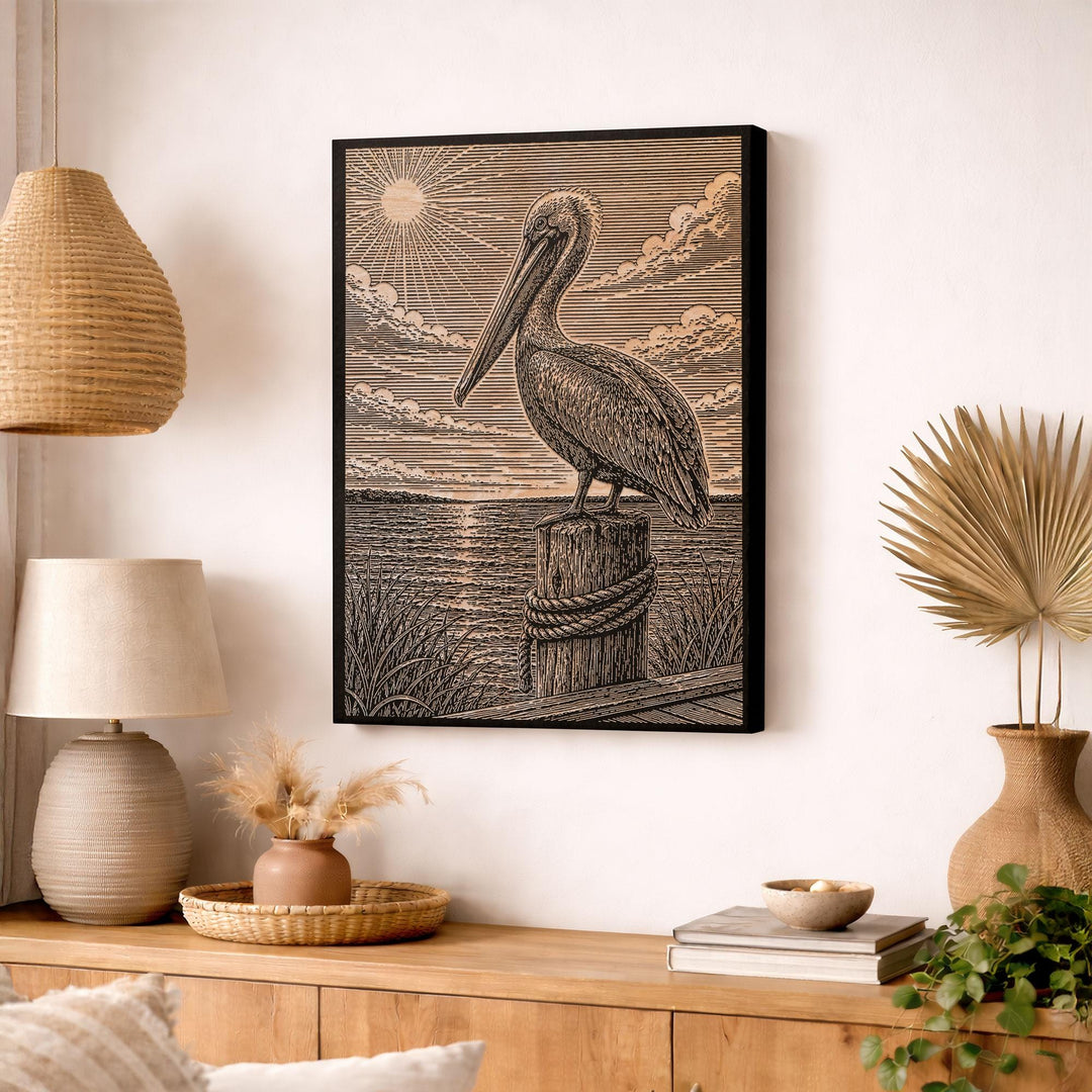 Pelican by the Seaside Dock Engraved Birch Art Panel