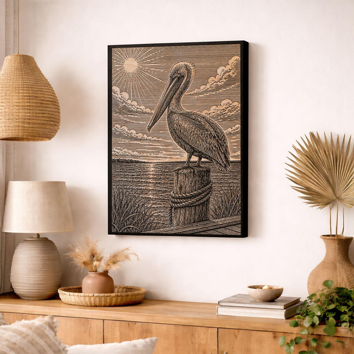 Pelican by the Seaside Dock Engraved Birch Art Panel