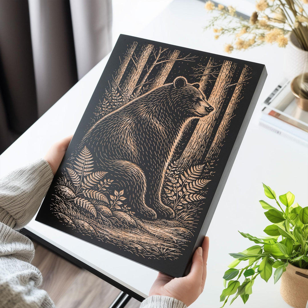 Black Bear in Forest Engraved Birch Art Panel