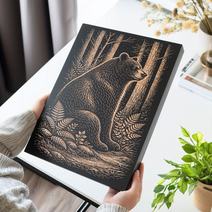 Black Bear in Forest Engraved Birch Art Panel