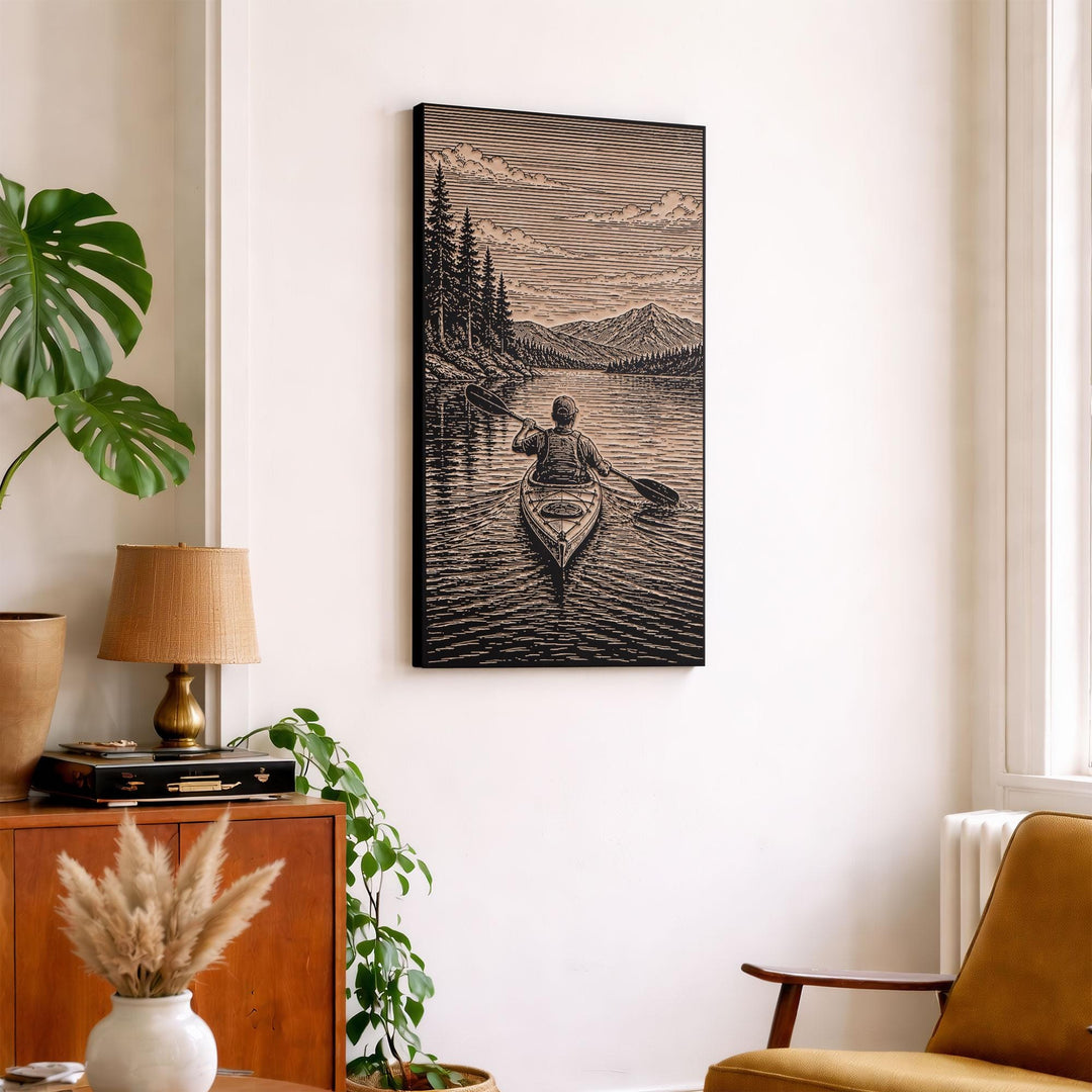 Kayaker Paddling Open Lake Engraved Illustration
