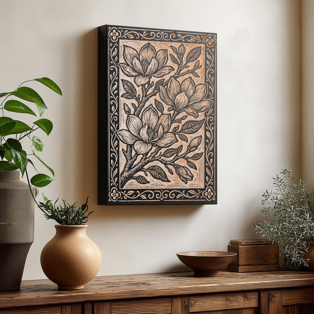 Magnolia Blossoms Engraved Birch Illustration