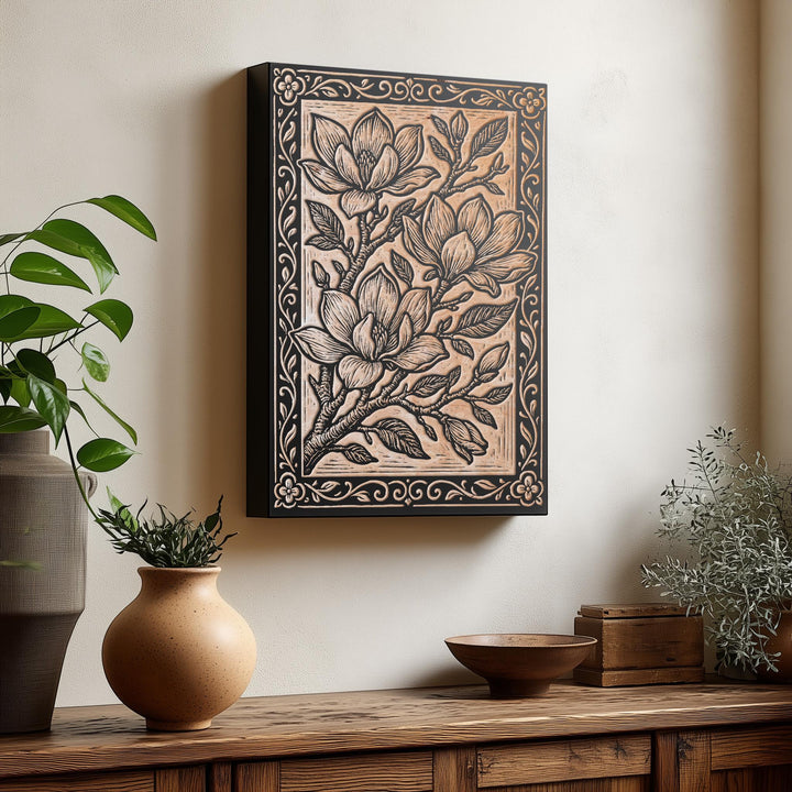 Magnolia Blossoms Engraved Birch Illustration