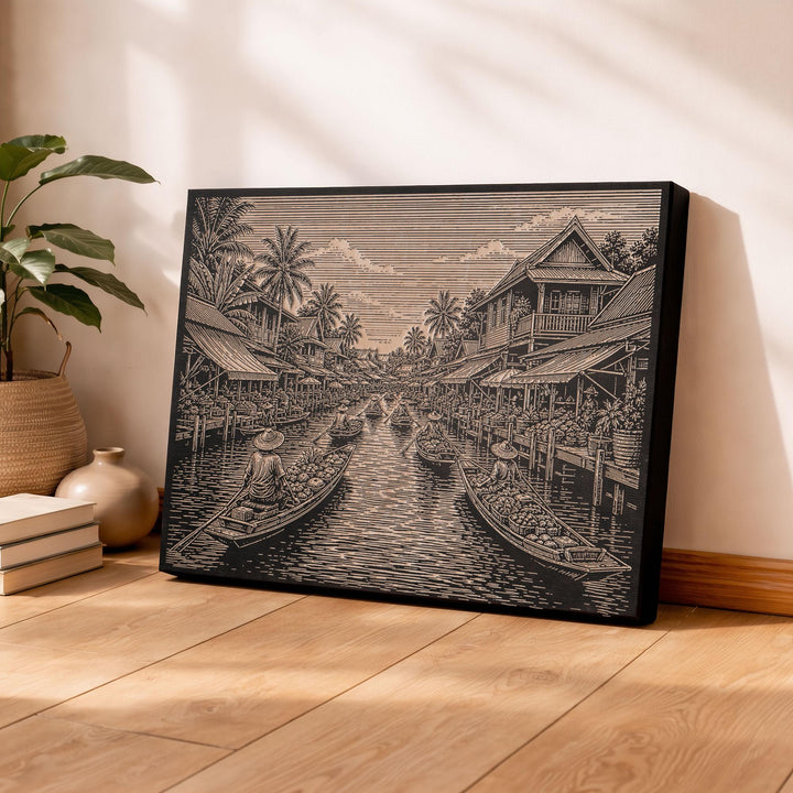 Bangkok Floating Market Engraved Birch Art Panel