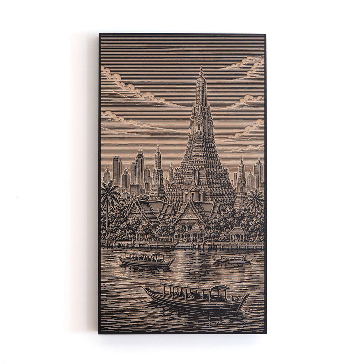 Bangkok Temple and Skyline Engraved Birch Art Panel