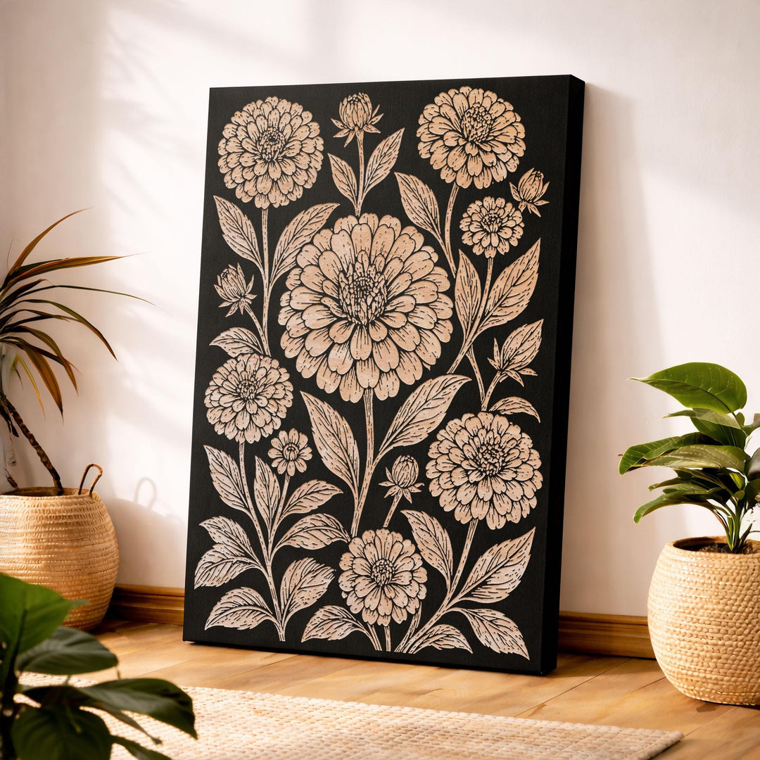 Zinnia Garden Pattern Engraved Birch Art Panel