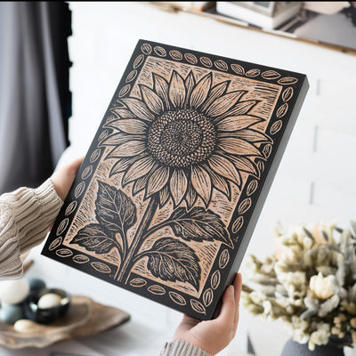 Folk Art Sunflower Engraved Birch Illustration