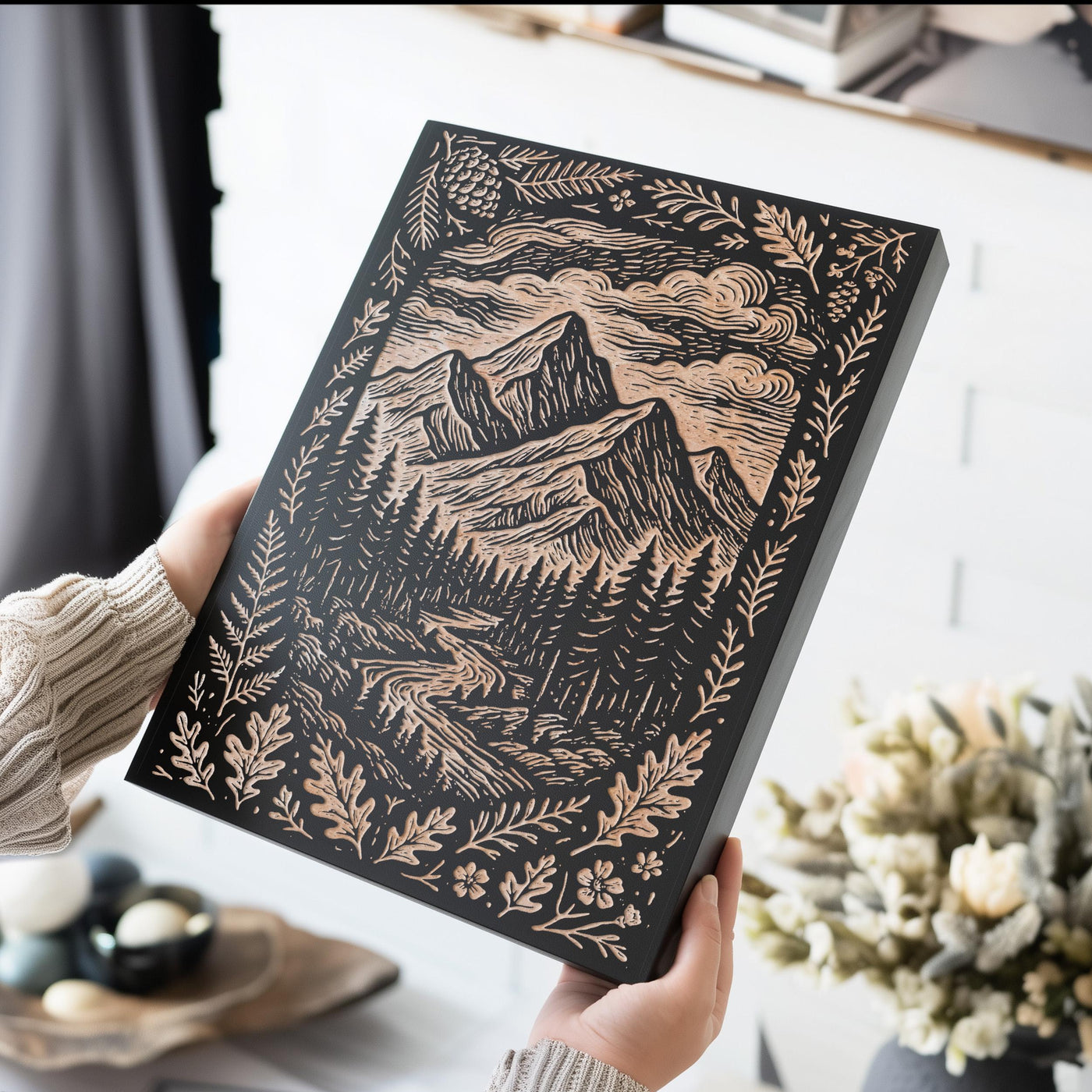 Mountain Landscape Engraved Birch Illustration