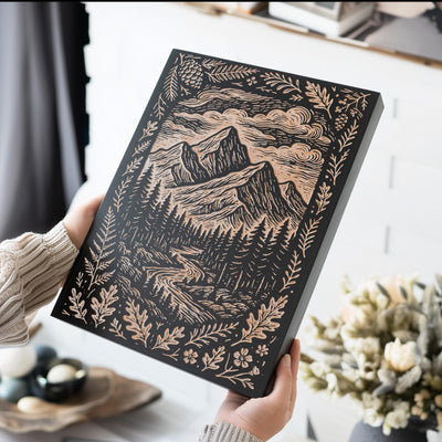 Mountain Landscape Engraved Birch Illustration