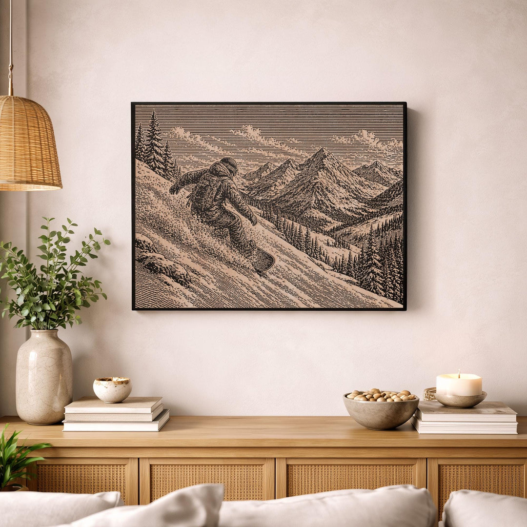 Backcountry Snowboarder Engraved Illustration