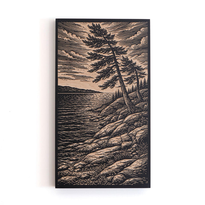 Windswept Pines on a Rugged Shore Engraved Birch Art Panel