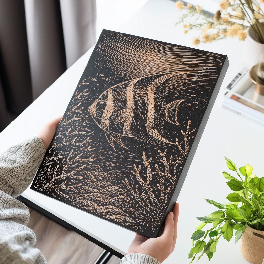 Angelfish Swimming Through Coral Reef Engraved Birch Art Panel