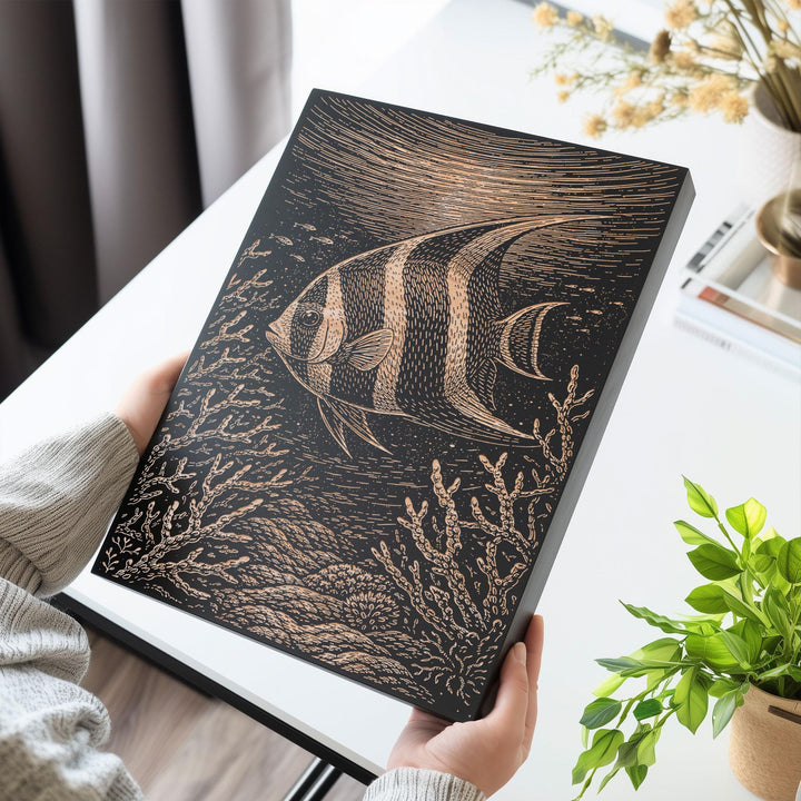 Angelfish Swimming Through Coral Reef Engraved Birch Art Panel