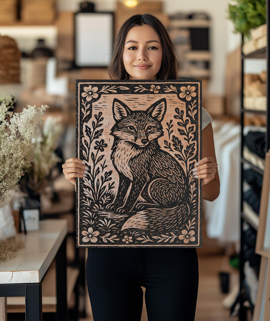 Fox in Wildflowers Engraved Birch Illustration