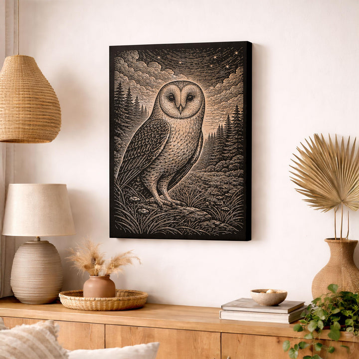 Barn Owl in Starry Night Engraved Birch Art Panel