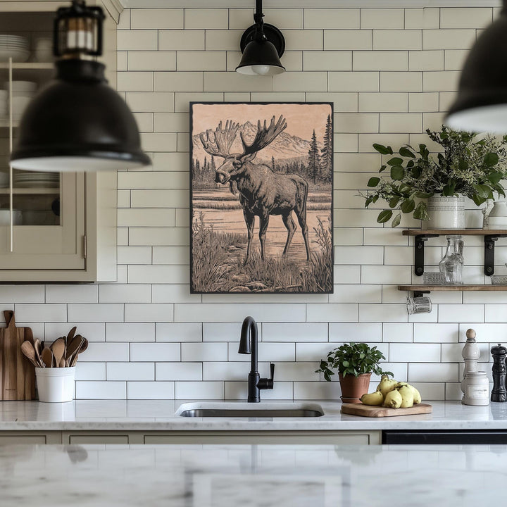 Moose in a Bog Engraved Illustration