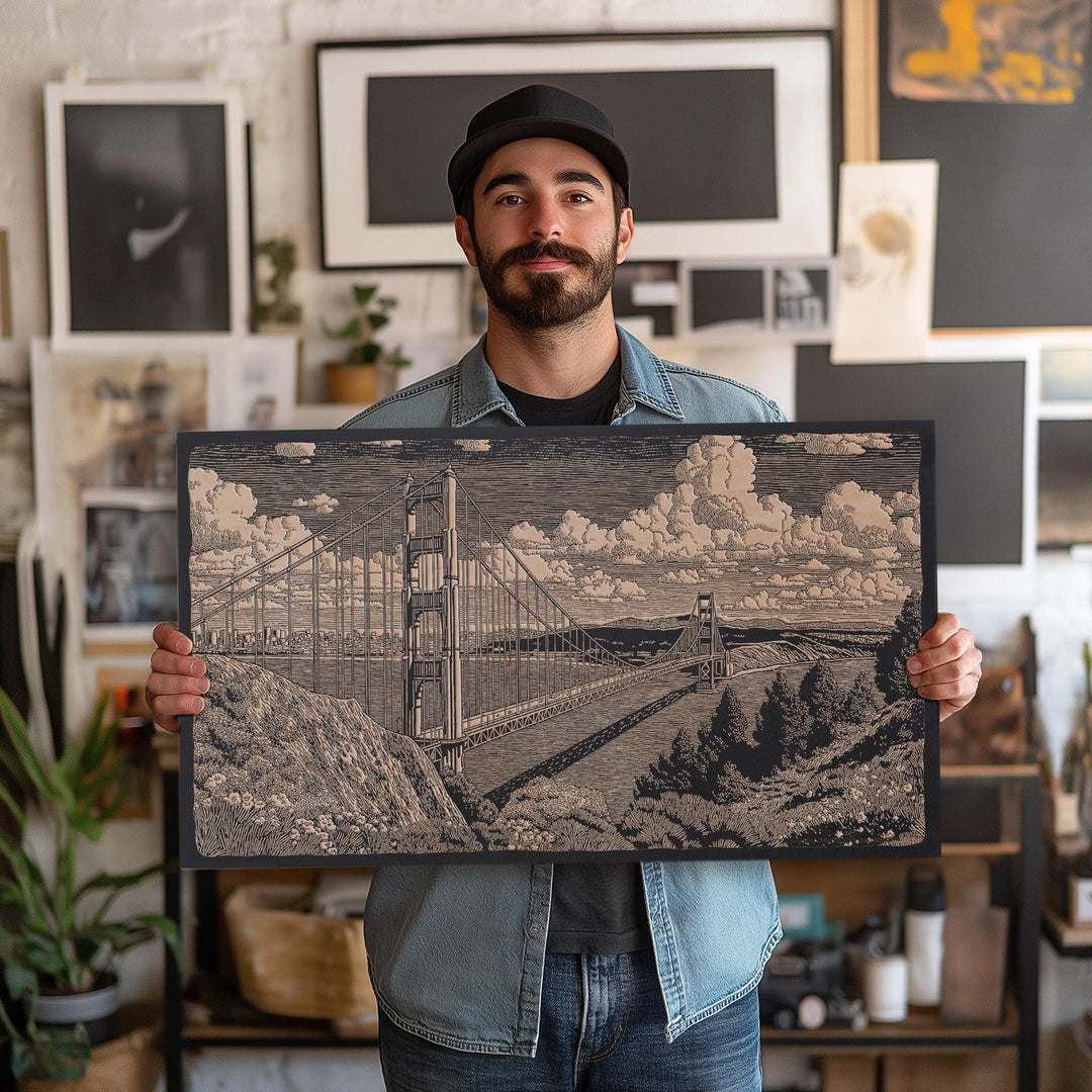 California Golden Gate Bridge Engraved Illustration