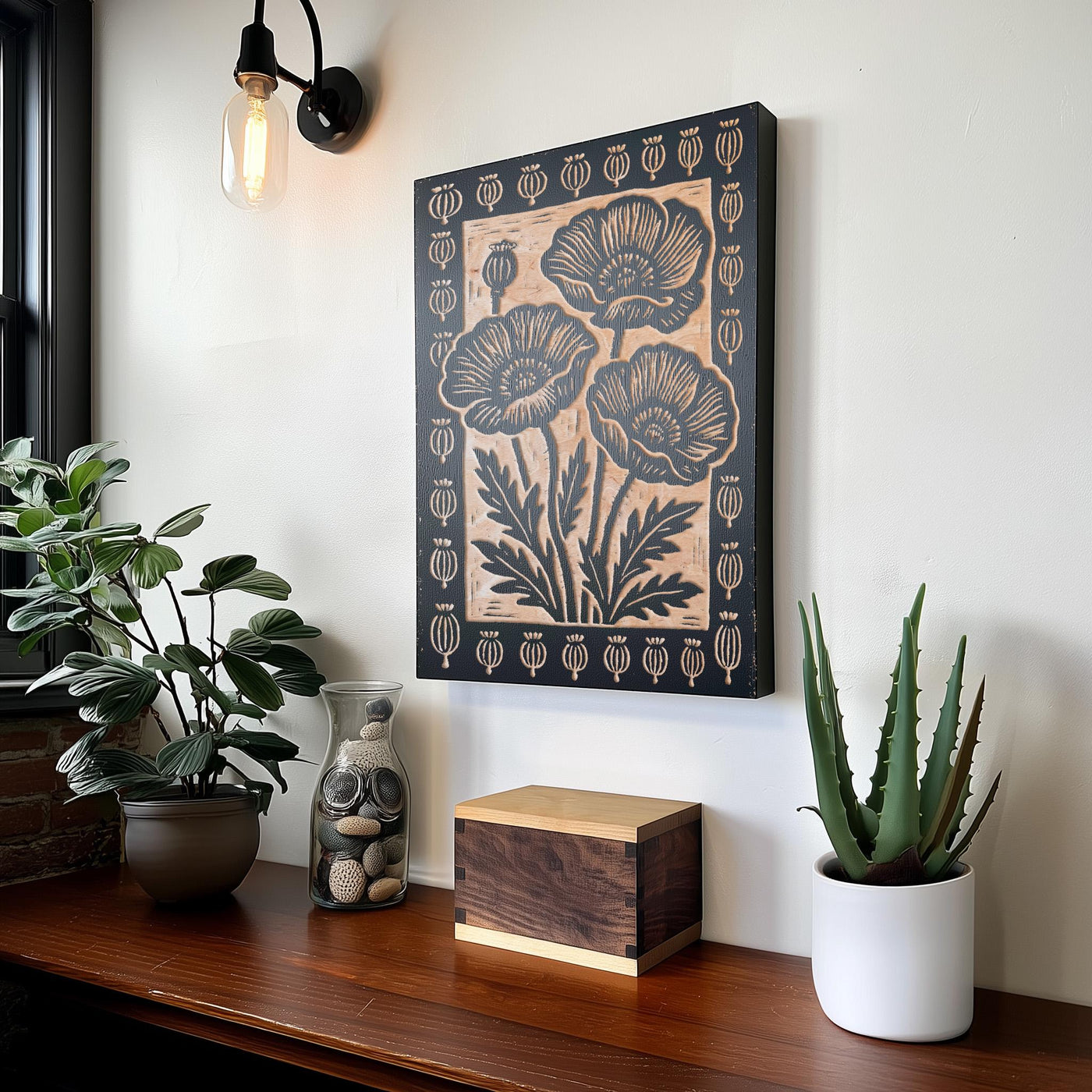 Poppy Flowers Engraved Birch Illustration