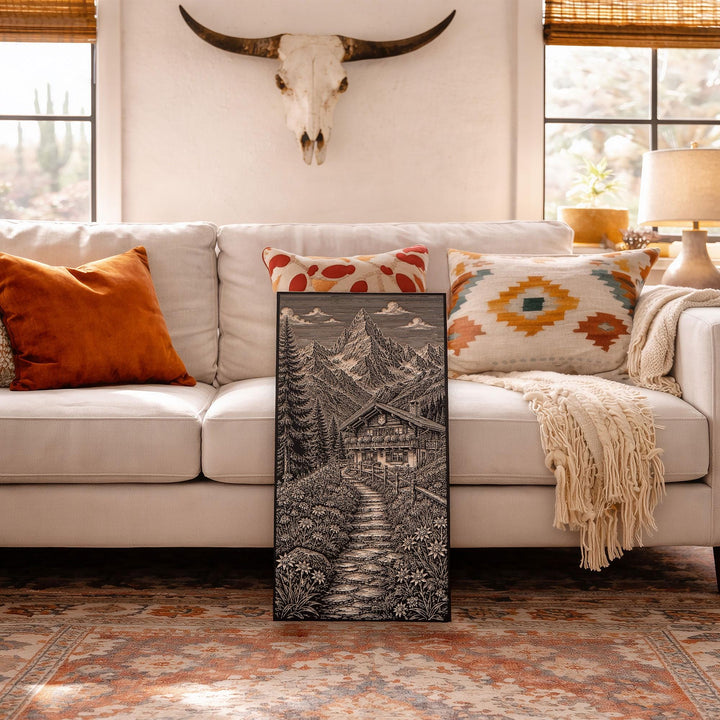 Swiss Alpine Chalet Engraved Birch Art Panel