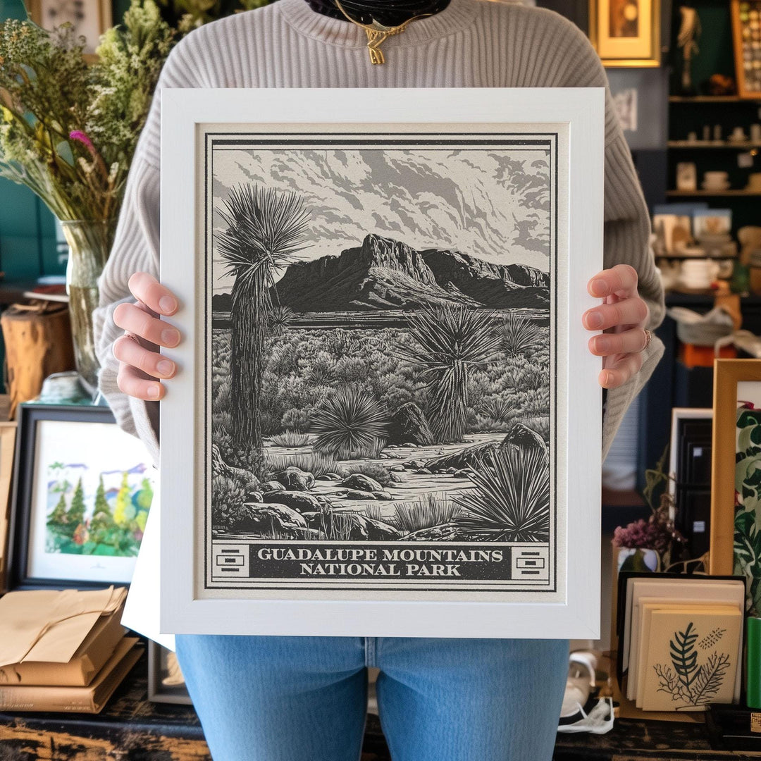 Guadalupe Mountains National Park Lithograph Style Print - Vintage Texas archival matte fine art print Gift Chihuahuan Desert Salt Basin Dune