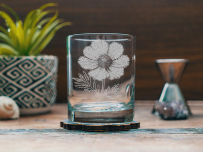 Cosmos Flower Glasses | Floral Themed Whiskey, Wine & Beer Glassware, Gardner Drinkware, October Birth Month Gift, Summer Botanical Gift