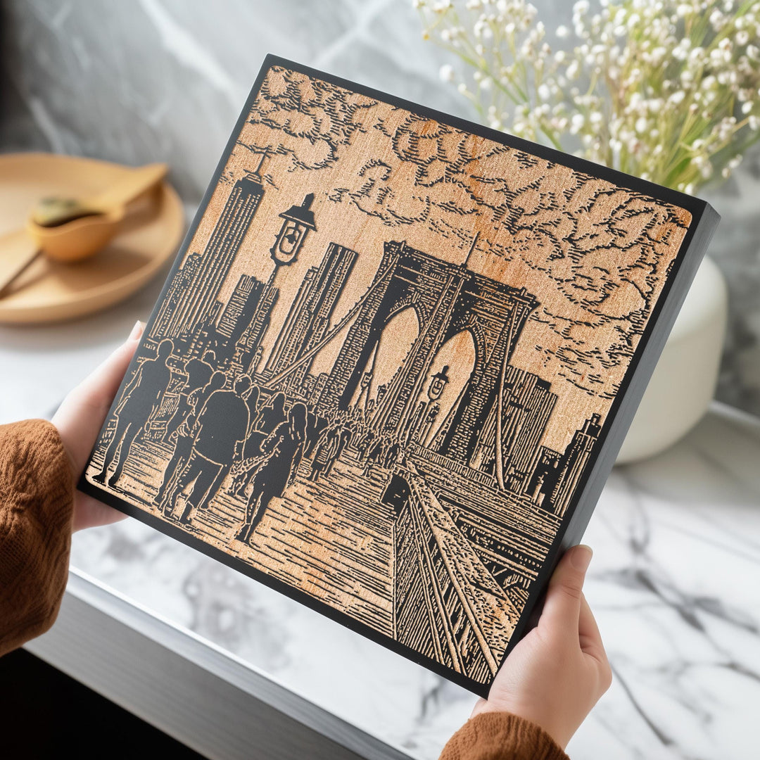 New York Brooklyn Bridge Engraved Illustration