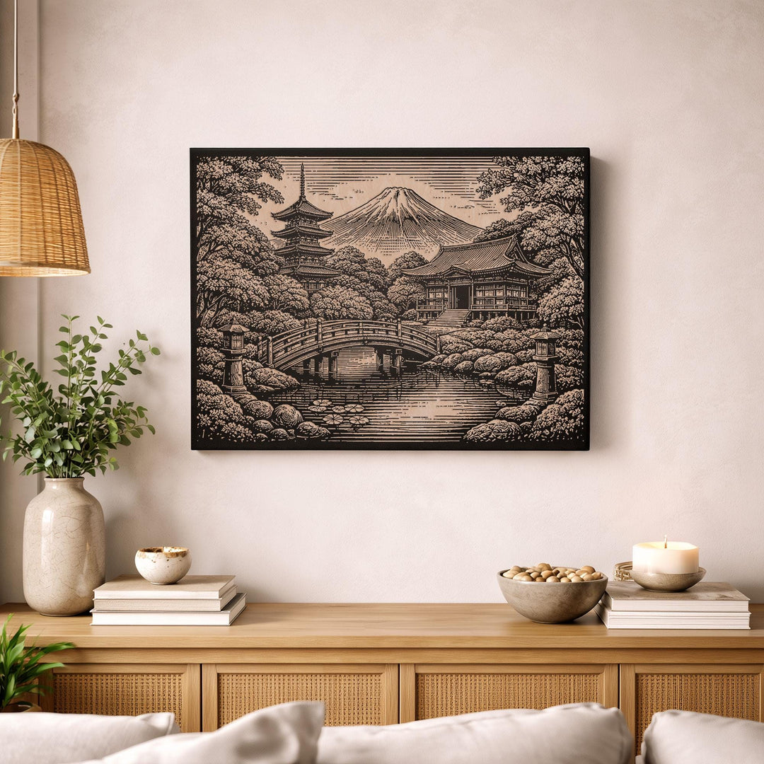 Mount Fuji Japanese Temple Engraved Birch Art Panel