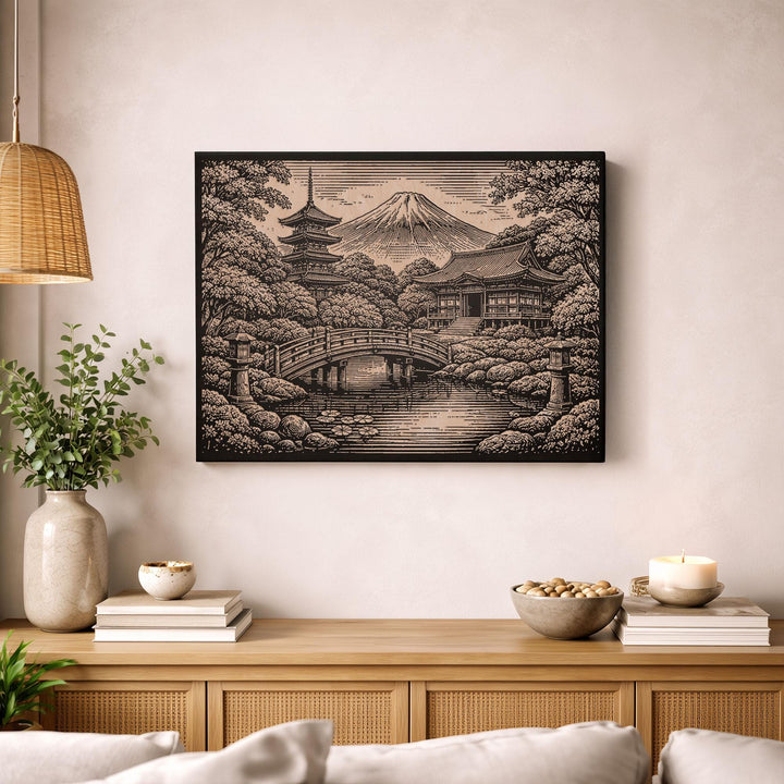 Mount Fuji Japanese Temple Engraved Birch Art Panel