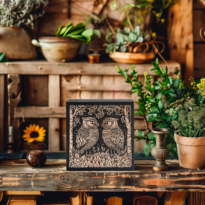 Great Horned Owl Couple Engraved Illustration