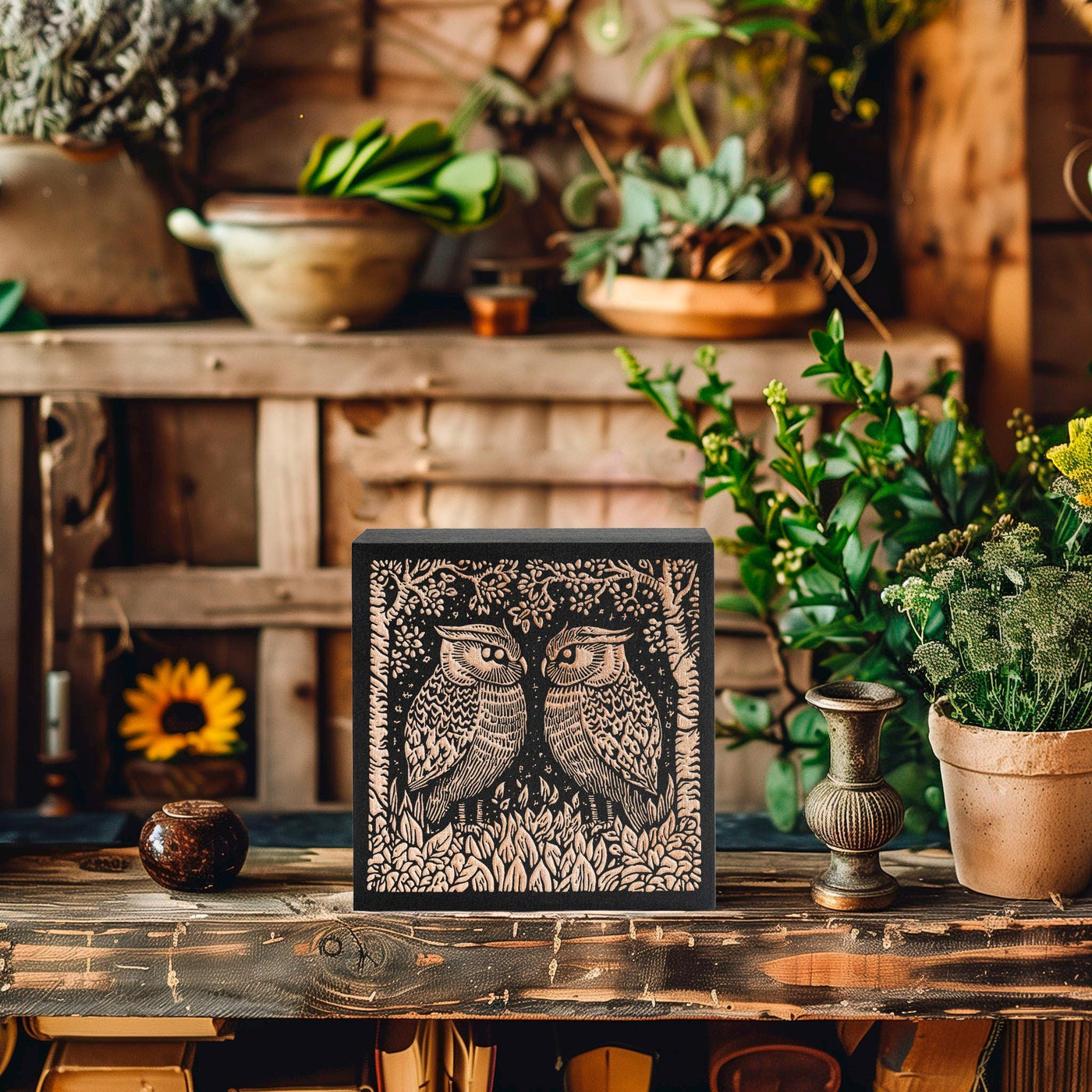 Great Horned Owl Couple Engraved Birch Wood Panel
