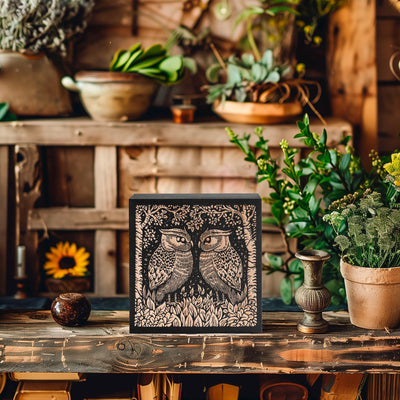 Great Horned Owl Couple Engraved Birch Wood Panel