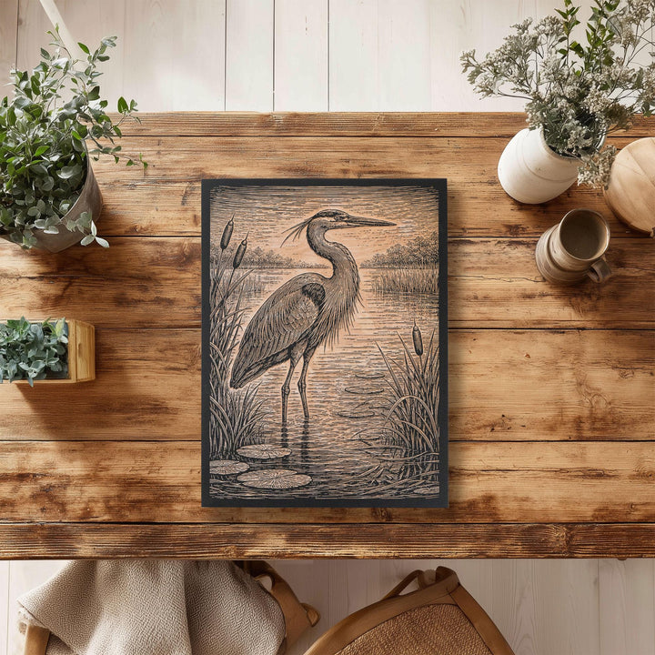 Marshland Great Blue Heron in Reeds Engraved Birch Art Panel