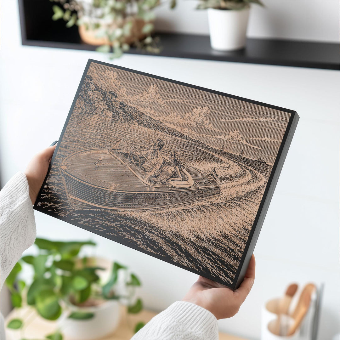 Classic Riviera Speed Boat Engraved Illustration