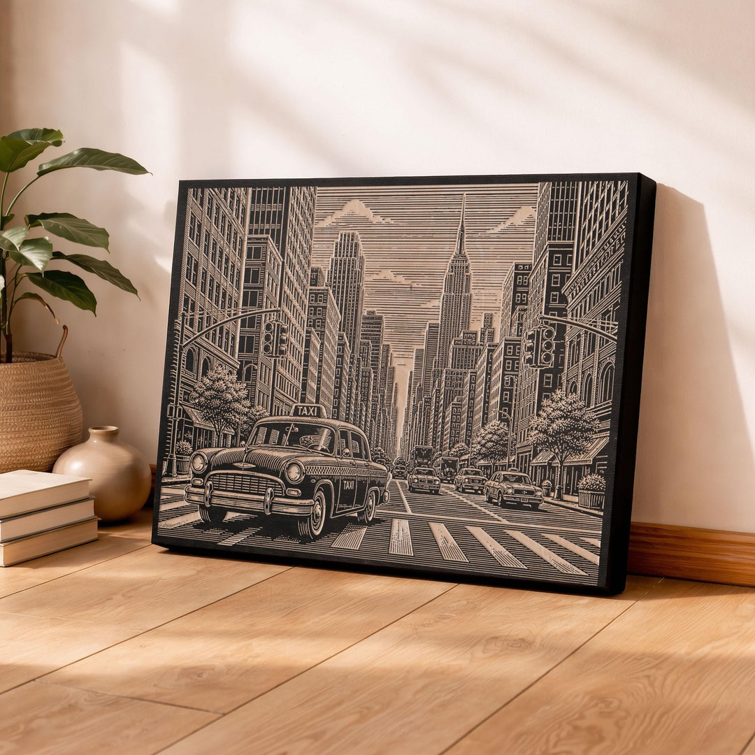 NYC Taxi Cab Engraved Birch Art Panel