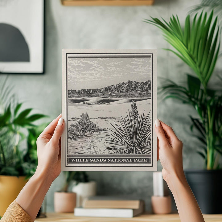 White Sands National Park Lithograph Style Print - Vintage New Mexico archival matte fine art print. Tularosa Basin Gypsum Dune. Travel Gift