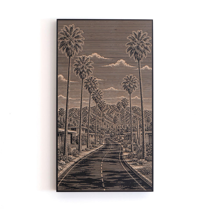Palm Springs Desert Palm Road Engraved Birch Art Panel