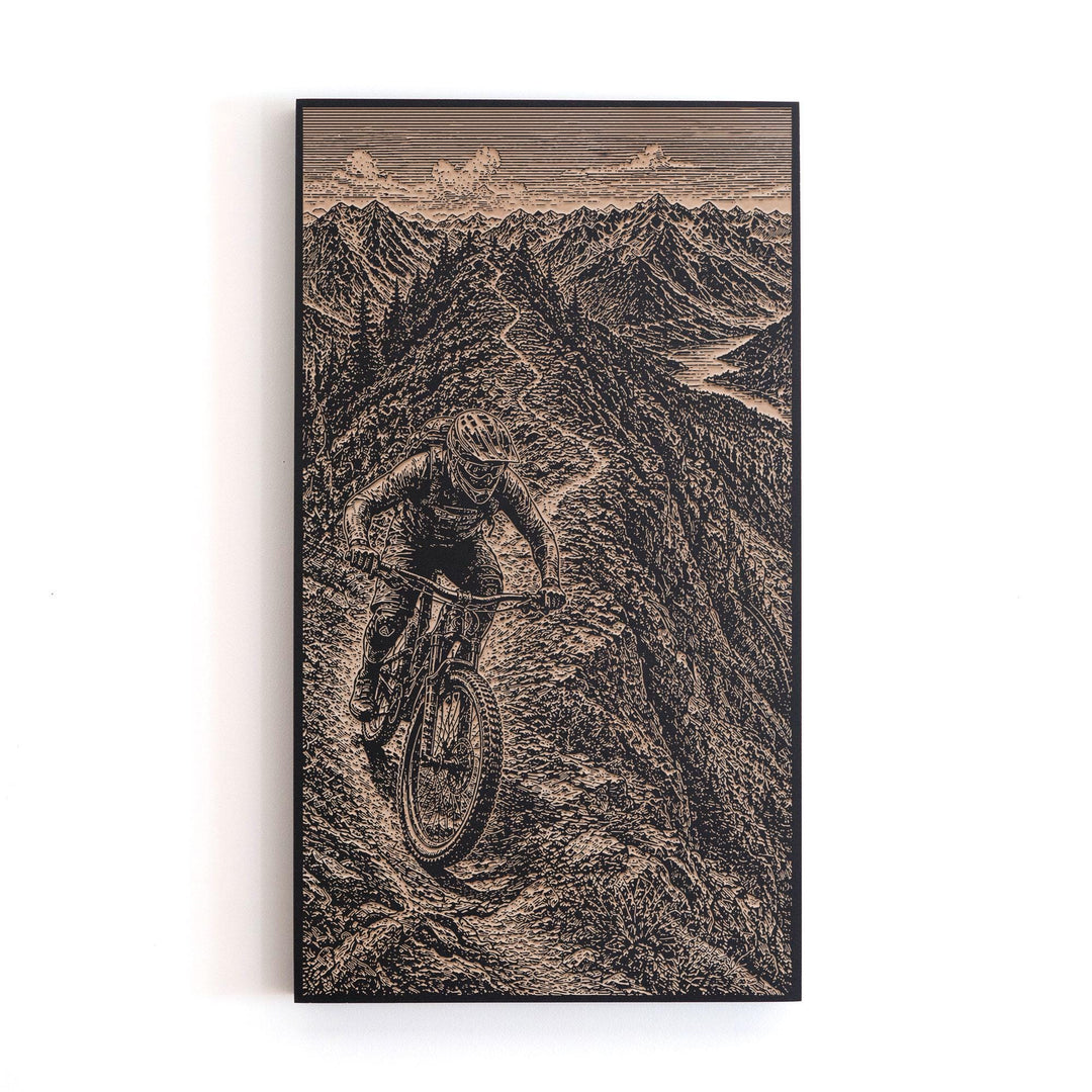 Mountain Biker on Ridgeline Engraved Illustration