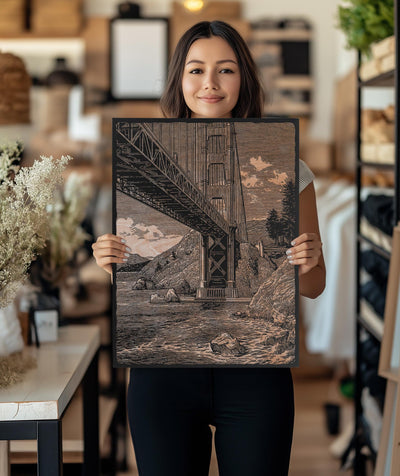Golden Gate Bridge Scene Engraved Illustration