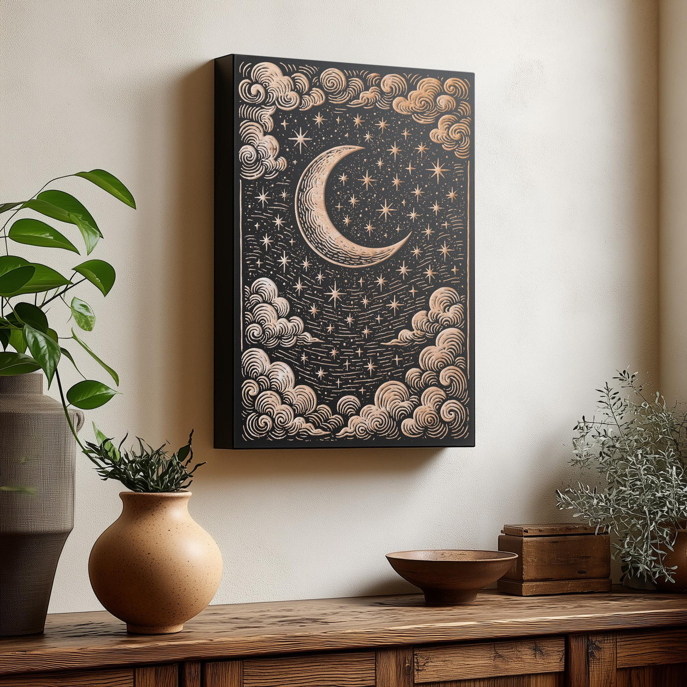 Celestial Moon & Stars Engraved Birch Illustration