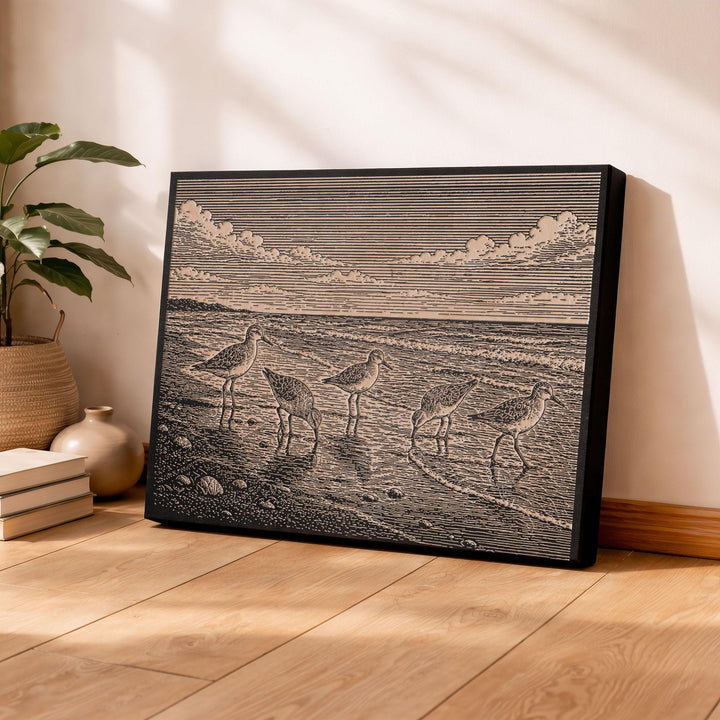 Shorebirds at the Waterline Engraved Birch Art Panel