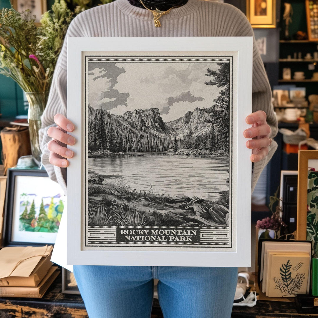 Rocky Mountain National Park Emerald Lake Lithograph Style Print - Vintage Colorado poster design, archival matte fine art print Nature gift