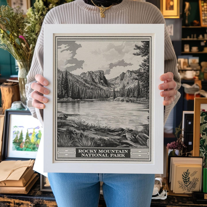 Rocky Mountain National Park Emerald Lake Lithograph Style Print - Vintage Colorado poster design, archival matte fine art print Nature gift