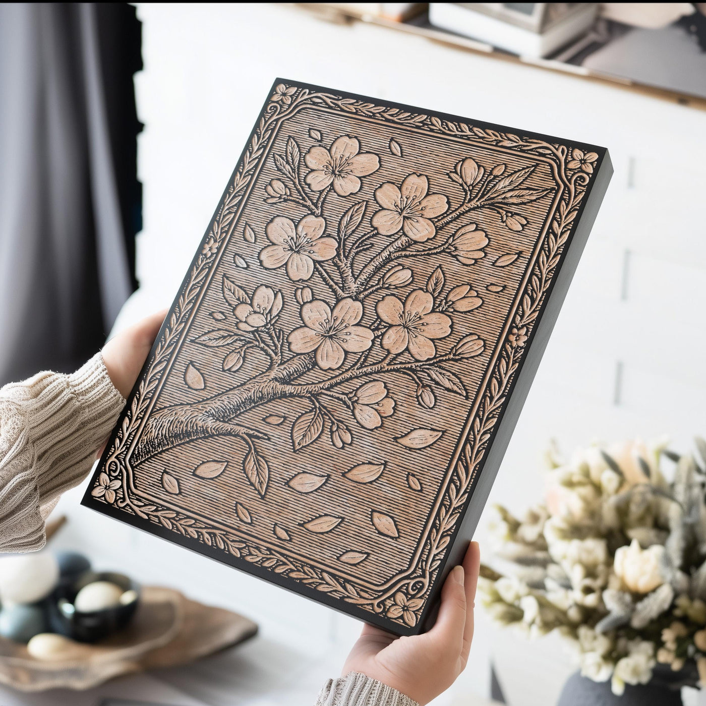 Cherry Blossom Branch Engraved Birch Illustration