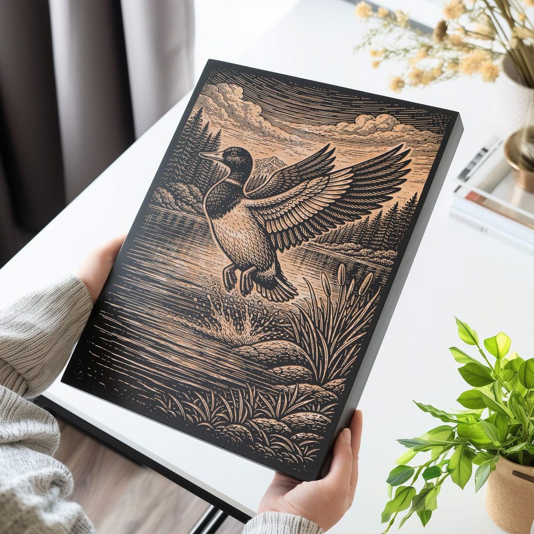 Mallard Drake Taking Flight Engraved Birch Art Panel