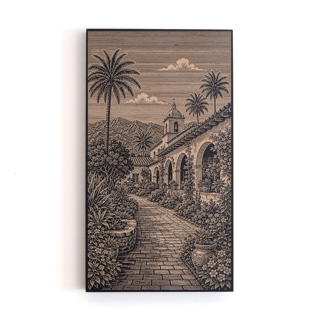 Santa Barbara Mission Garden Walk Engraved Birch Art Panel