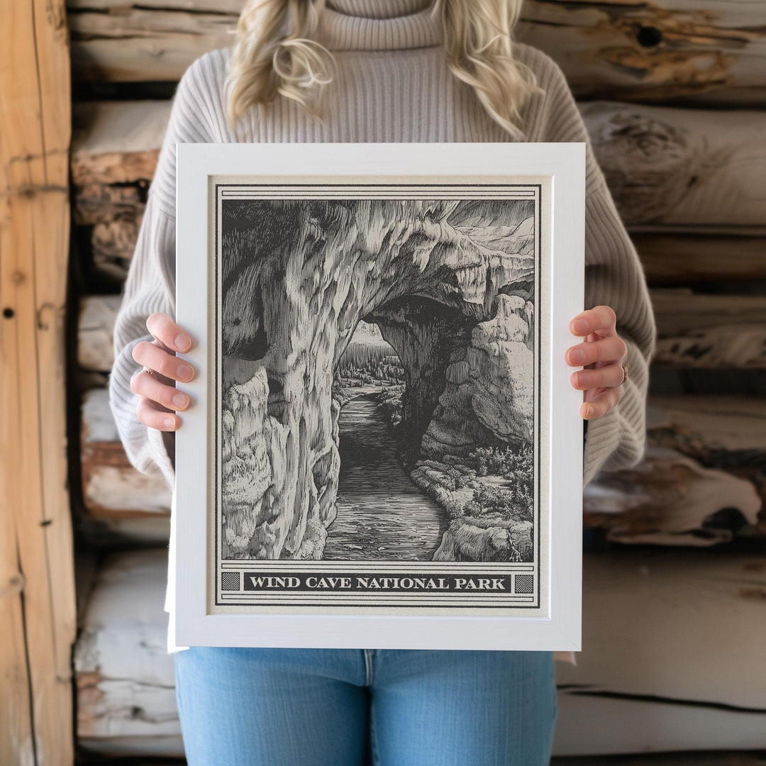 Wind Cave National Park Lithograph Style Print - Vintage South Dakota archival matte fine art print. Cave Post Office & Elk Room Travel Gift