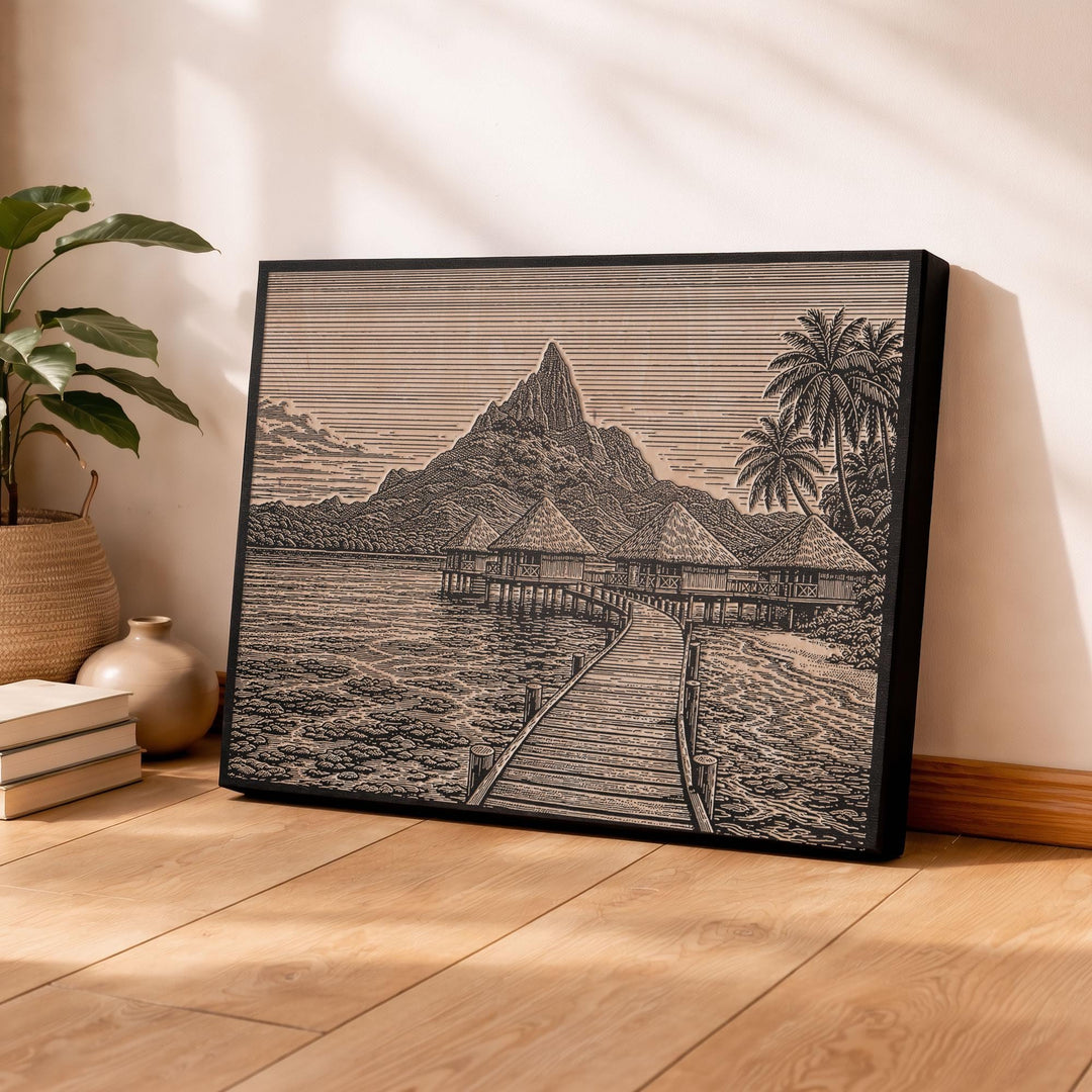 Bora Bora Bungalow Engraved Birch Art Panel