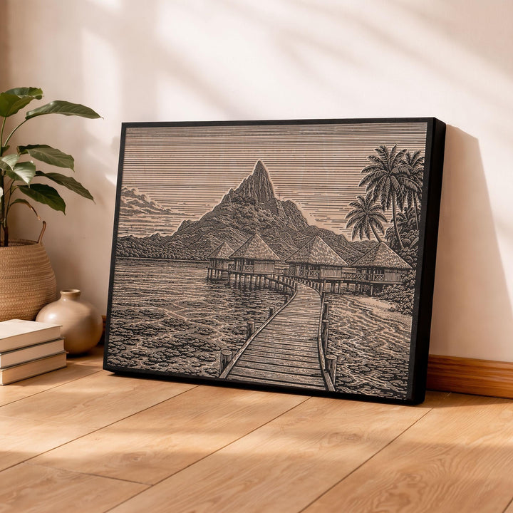 Bora Bora Bungalow Engraved Birch Art Panel